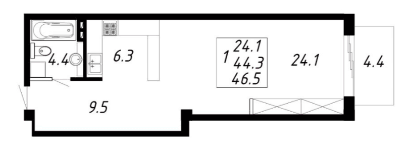 1 комнатная квартира 46,5 кв.м