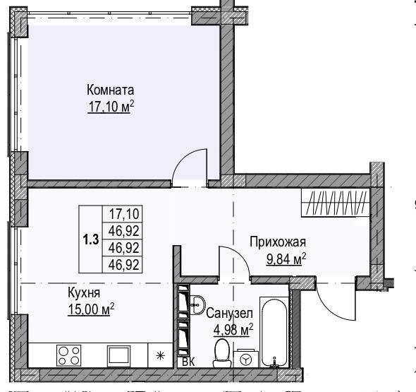1 комнатная квартира 46,92 кв.м