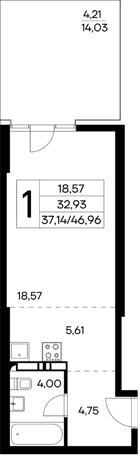 1 комнатная квартира,  46,96 кв.м