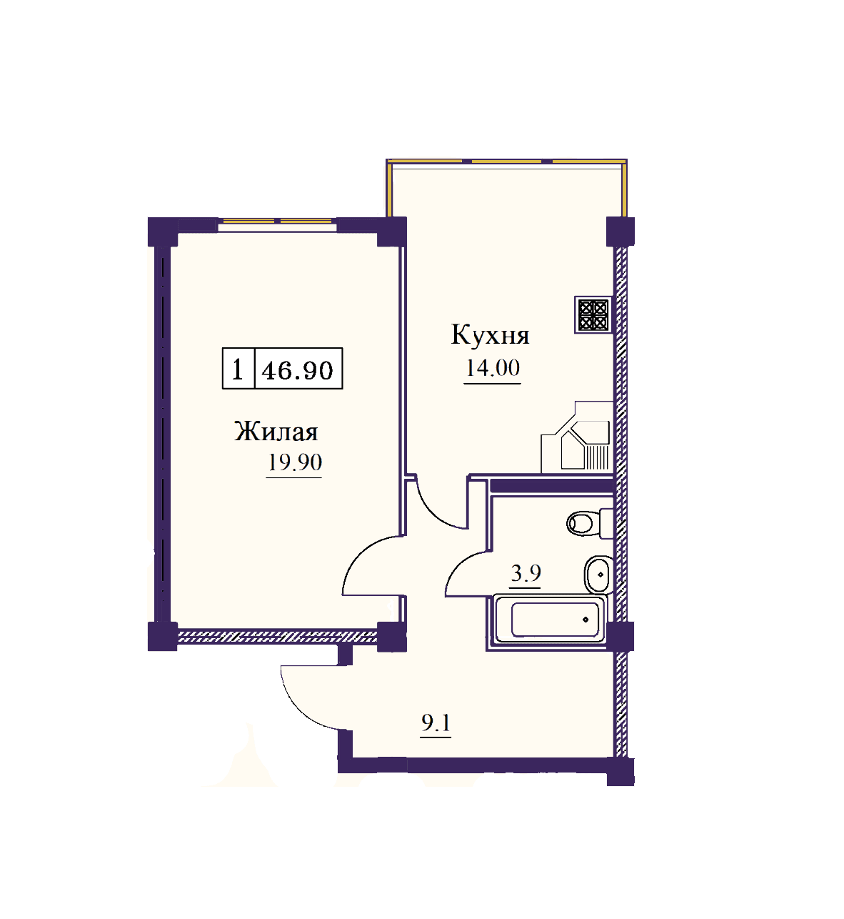 1 комнатная квартира 46,9 кв.м
