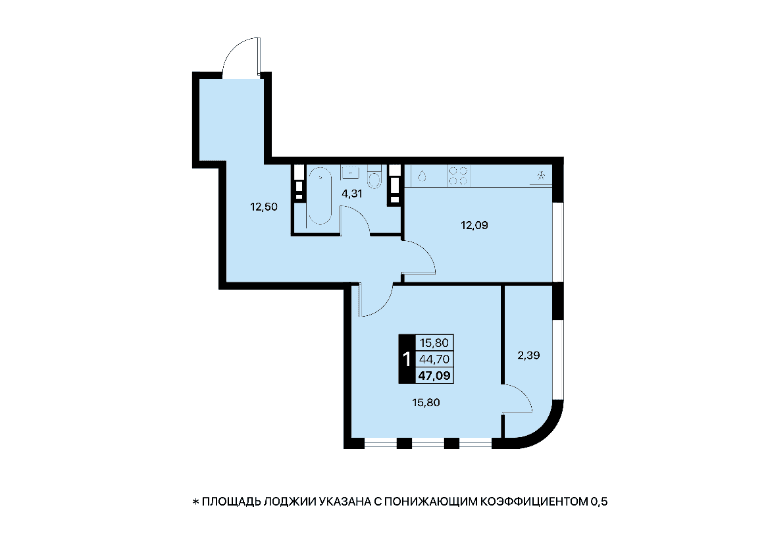 1 комнатная квартира, 47,09 кв.м