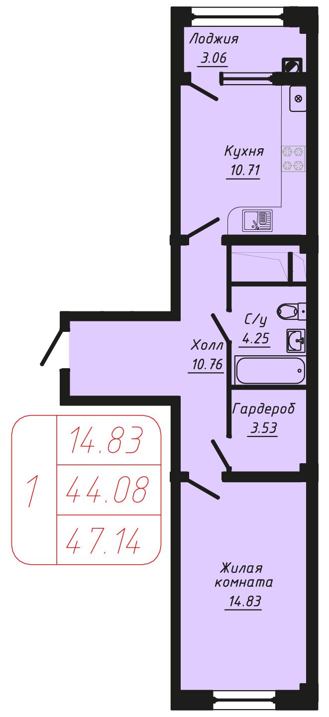 1 комнатная квартира 47,14 кв.м.