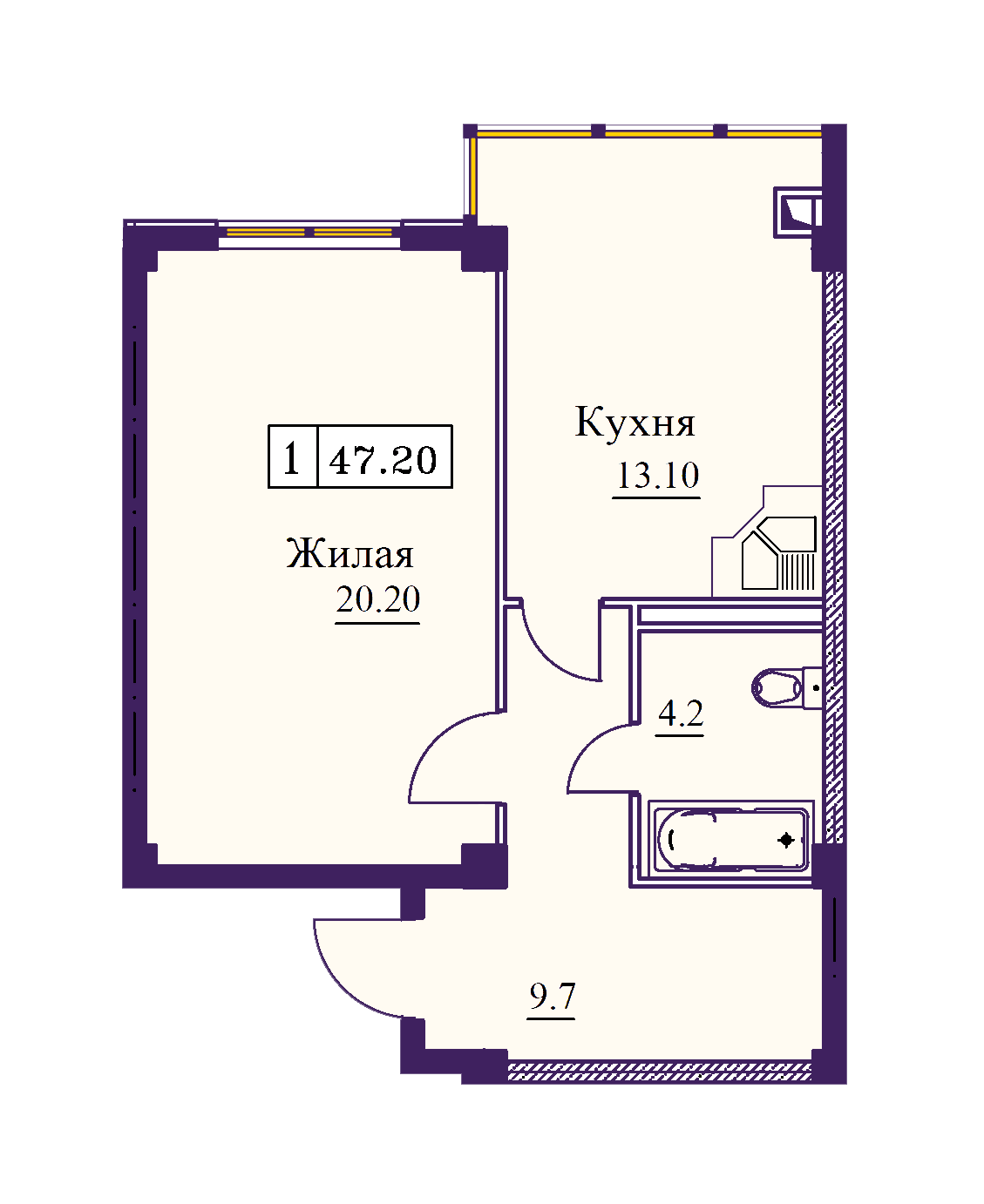 1 комнатная квартира 47,2кв.м