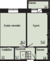 1 комнатная квартира 47,6 кв.м