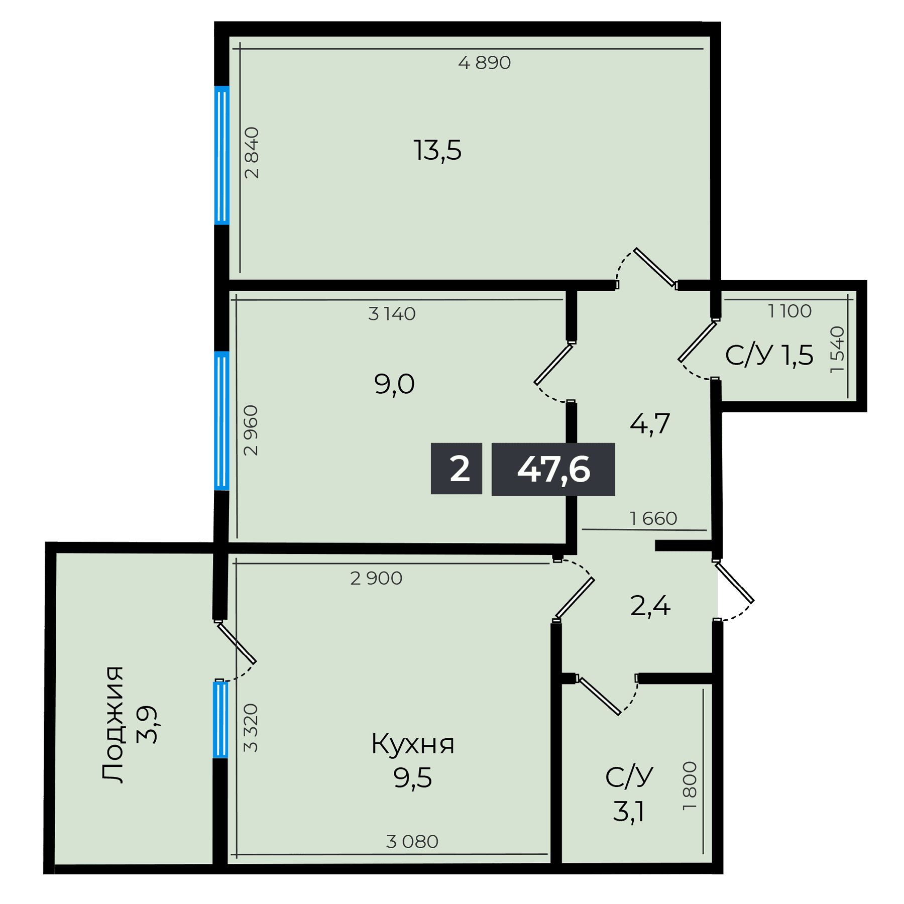 2 комнатная квартира 47,6 кв.м