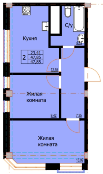 2 комнатная квартира, 47,85 кв.м.