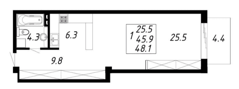 1 комнатная квартира 48,1 кв.м