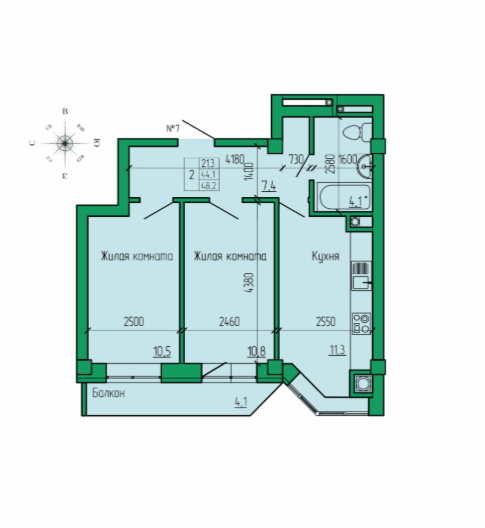 2 комнатная квартира, 48,2 кв.м.