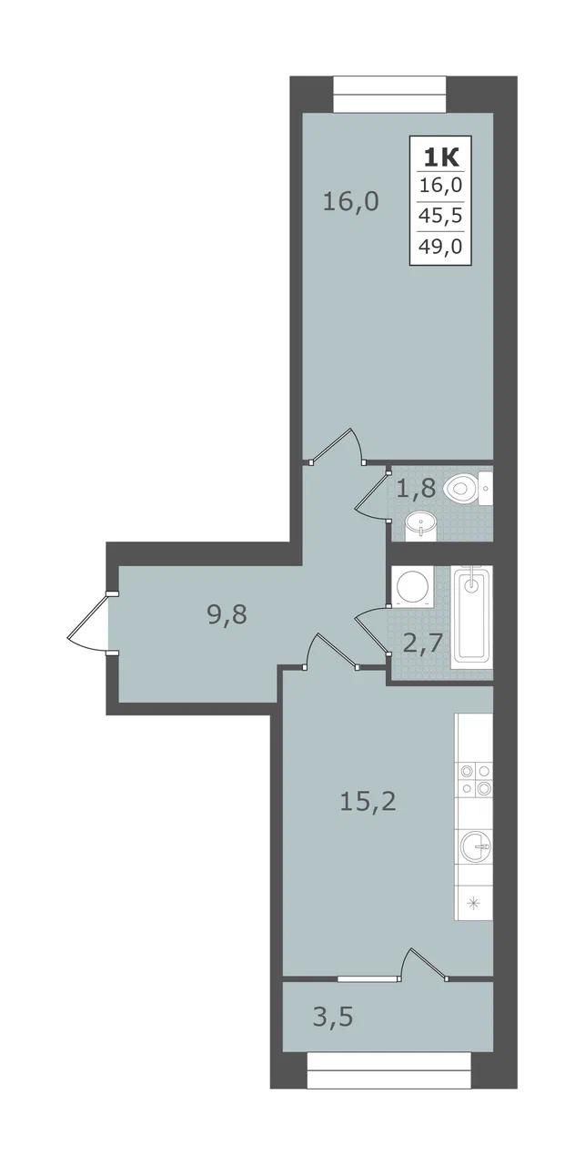 1 комнатная квартира, 49 кв.м.