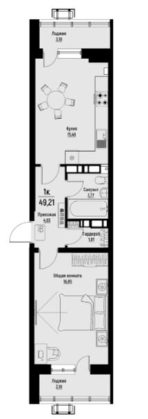 1 комнатная квартира 49,21 кв.м