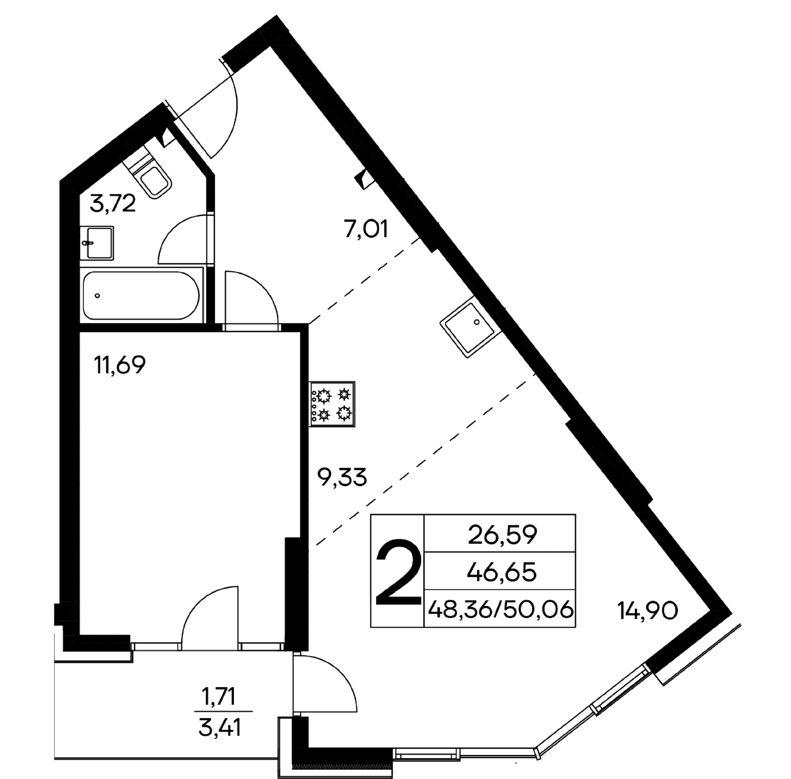2 комнатная квартира,  50,06 кв.м