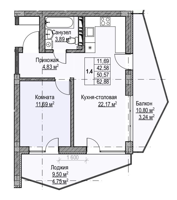 2 комнатная квартира 50,57 кв.м