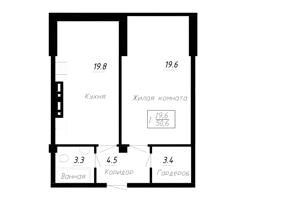 1 комнатная квартира 50,6 кв.м
