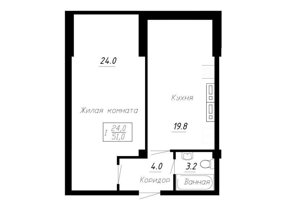 1 комнатная квартира 51 кв.м