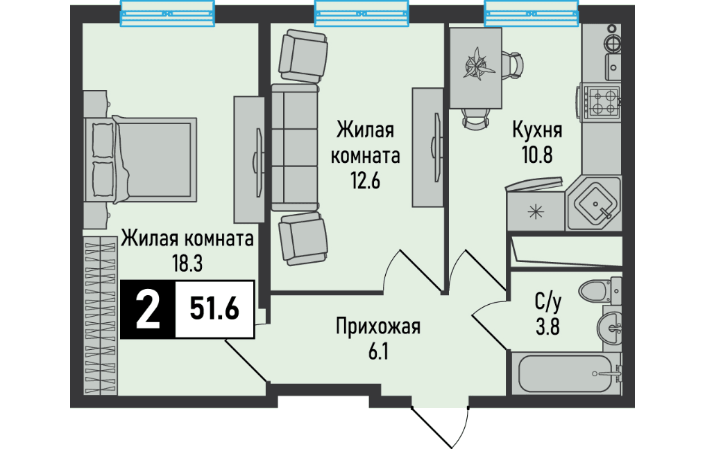 2 комнатная квартира, 51,6 кв.м.