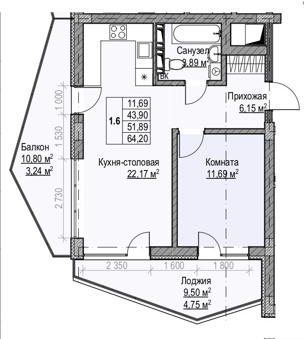 2 комнатная квартира 51,89 кв.м