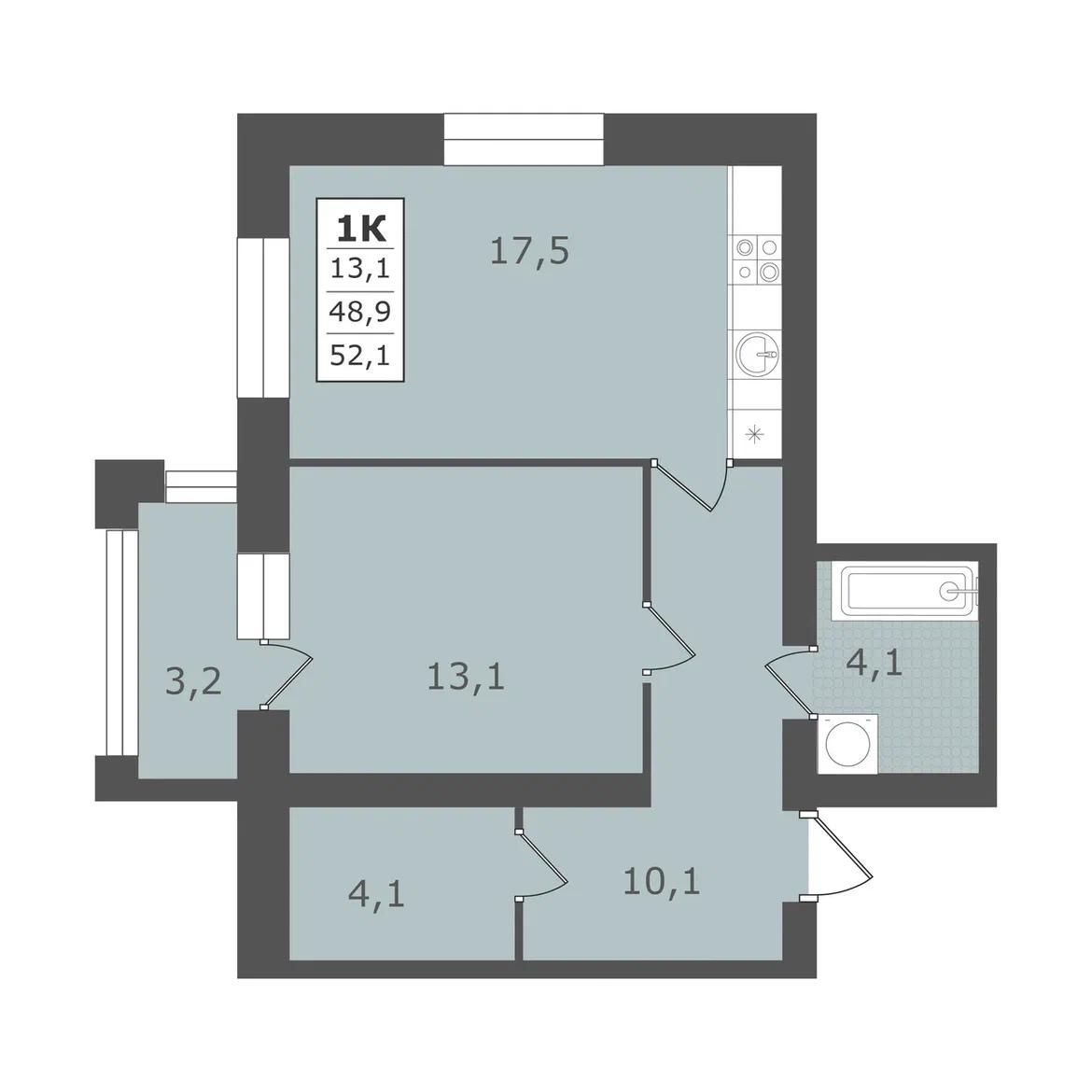 1 комнатная квартира, 52,1 кв.м.