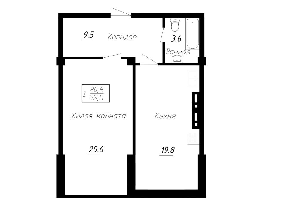 1 комнатная квартира 53,5 кв.м