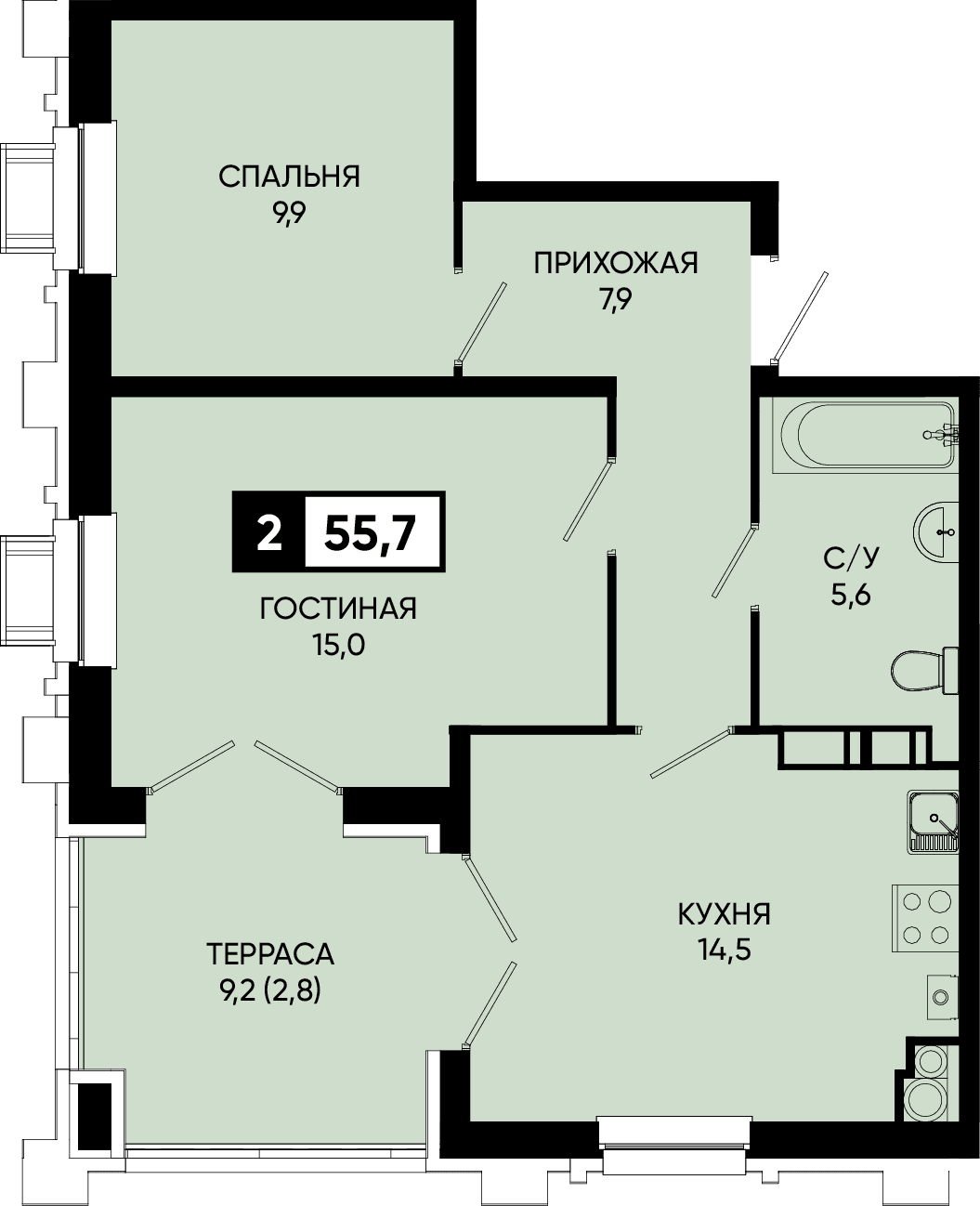 2 комнатная квартира 55,7 кв.м