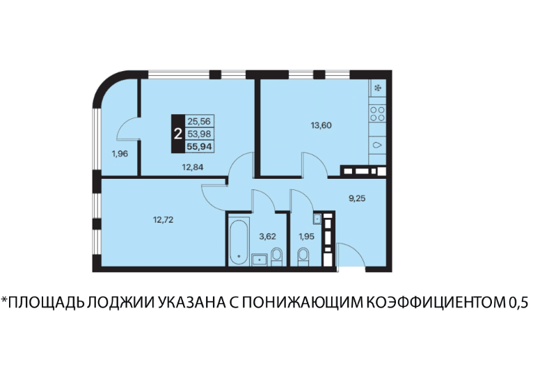 2 комнатная квартира, 55,94 кв.м