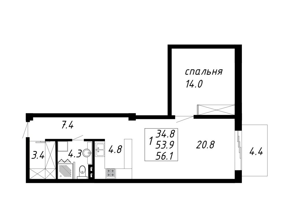 1 комнатная квартира 56,1 кв.м