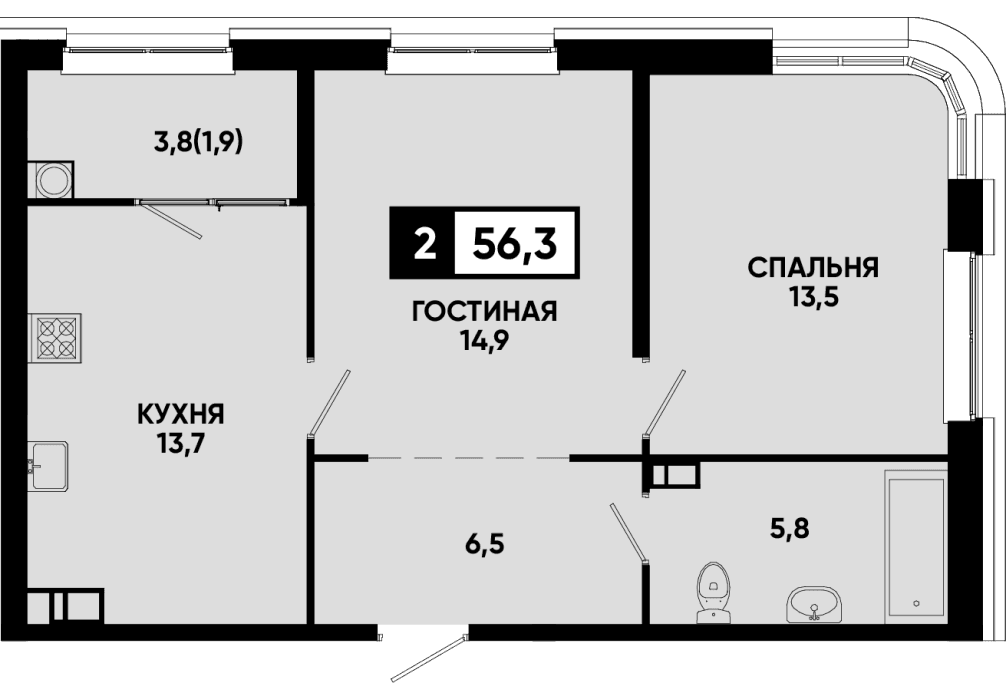 2 комнатная квартира 56,3 кв.м