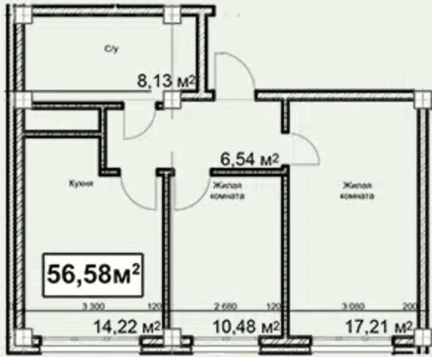 2 комнатная квартира, 56,58 кв.м.