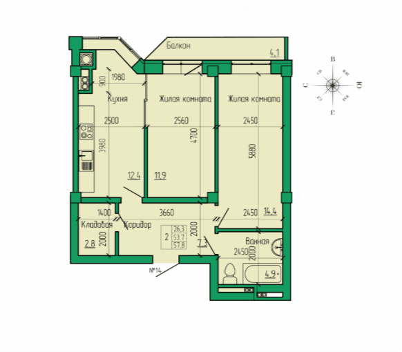 2 комнатная квартира, 57,8 кв.м.
