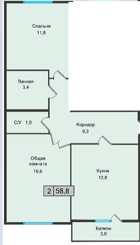 2 комнатная квартира, 58,8 кв.м.