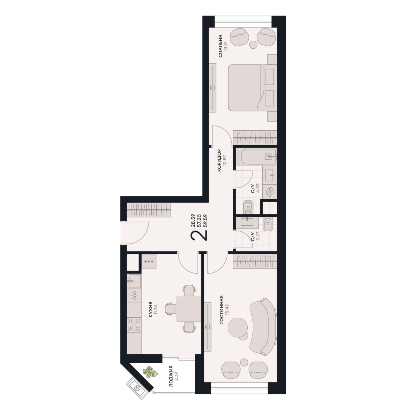 2 комнатная квартира, 59,59 кв.м.