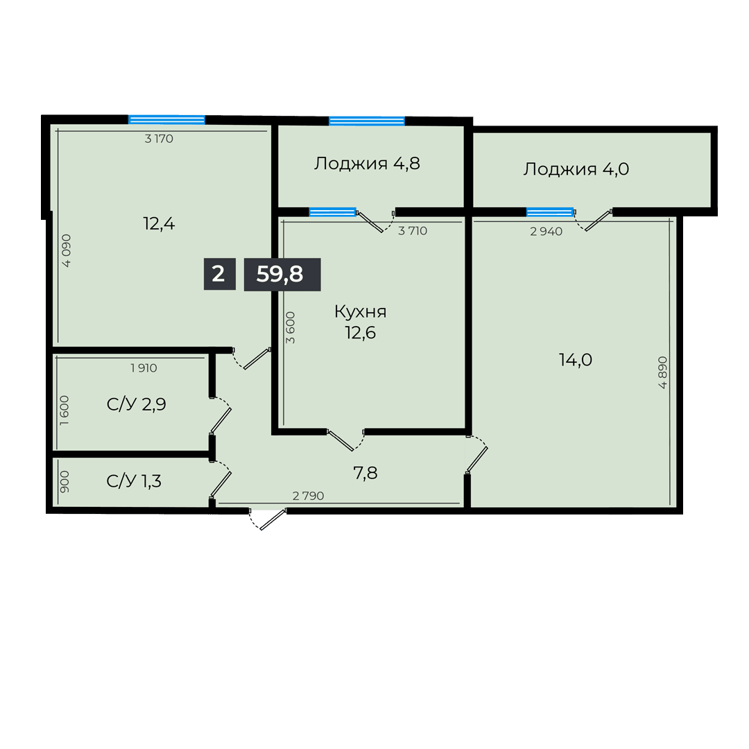 2 комнатная квартира 59,8 кв.м