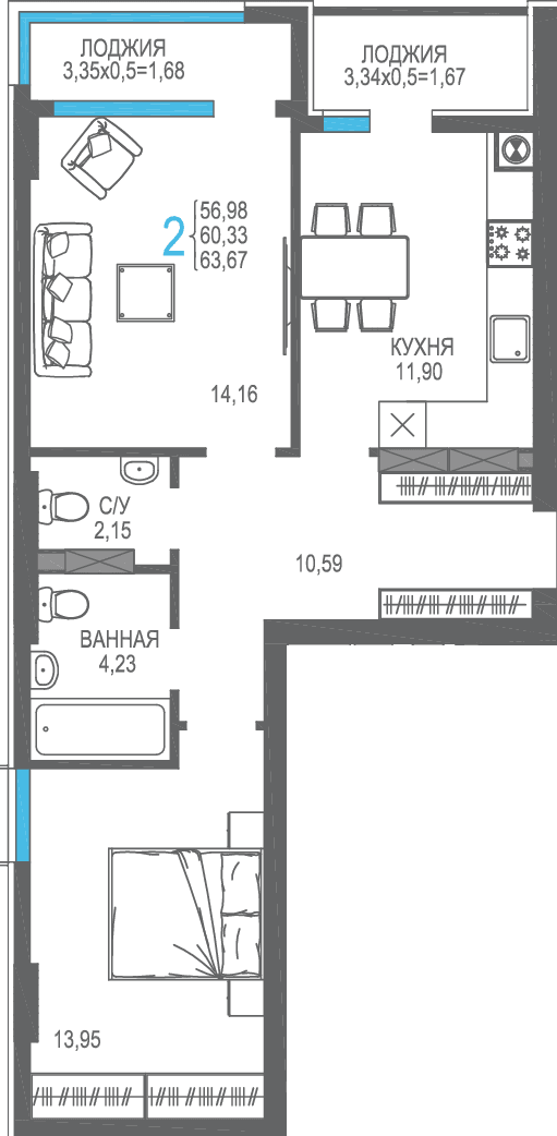 2 комнатная квартира, 60,33 кв.м