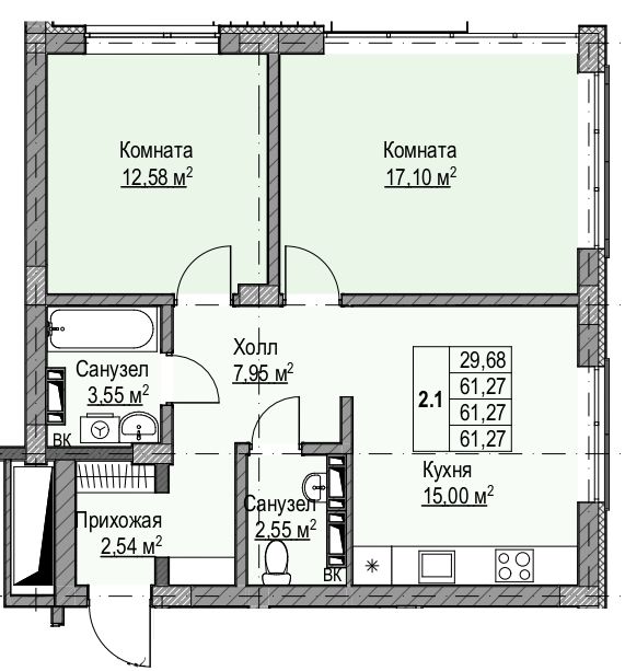 2 комнатная квартира 61,27 кв.м