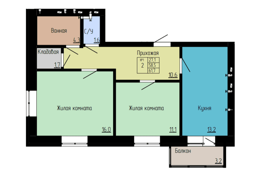 2 комнатная квартира 61,7 кв.м