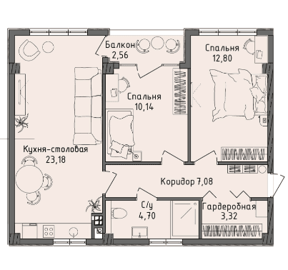 3 комнатная квартира 61,99 кв.м