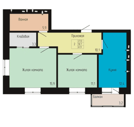 2 комнатная квартира 61,9 кв.м