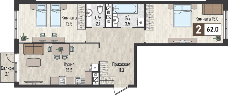 2 комнатная квартира, 62 кв.м.