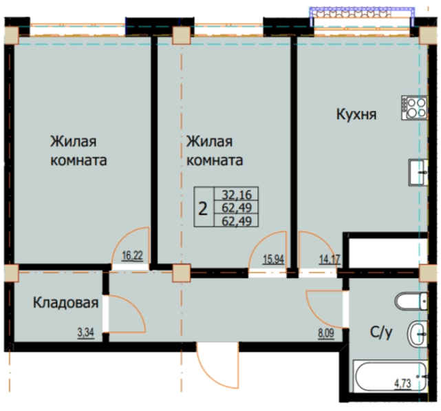 2 комнатная квартира, 62,48 кв.м.