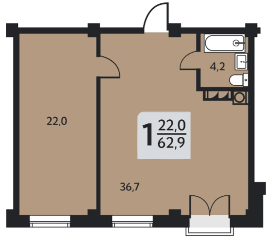 1 комнатная квартира, 62,9 кв.м.