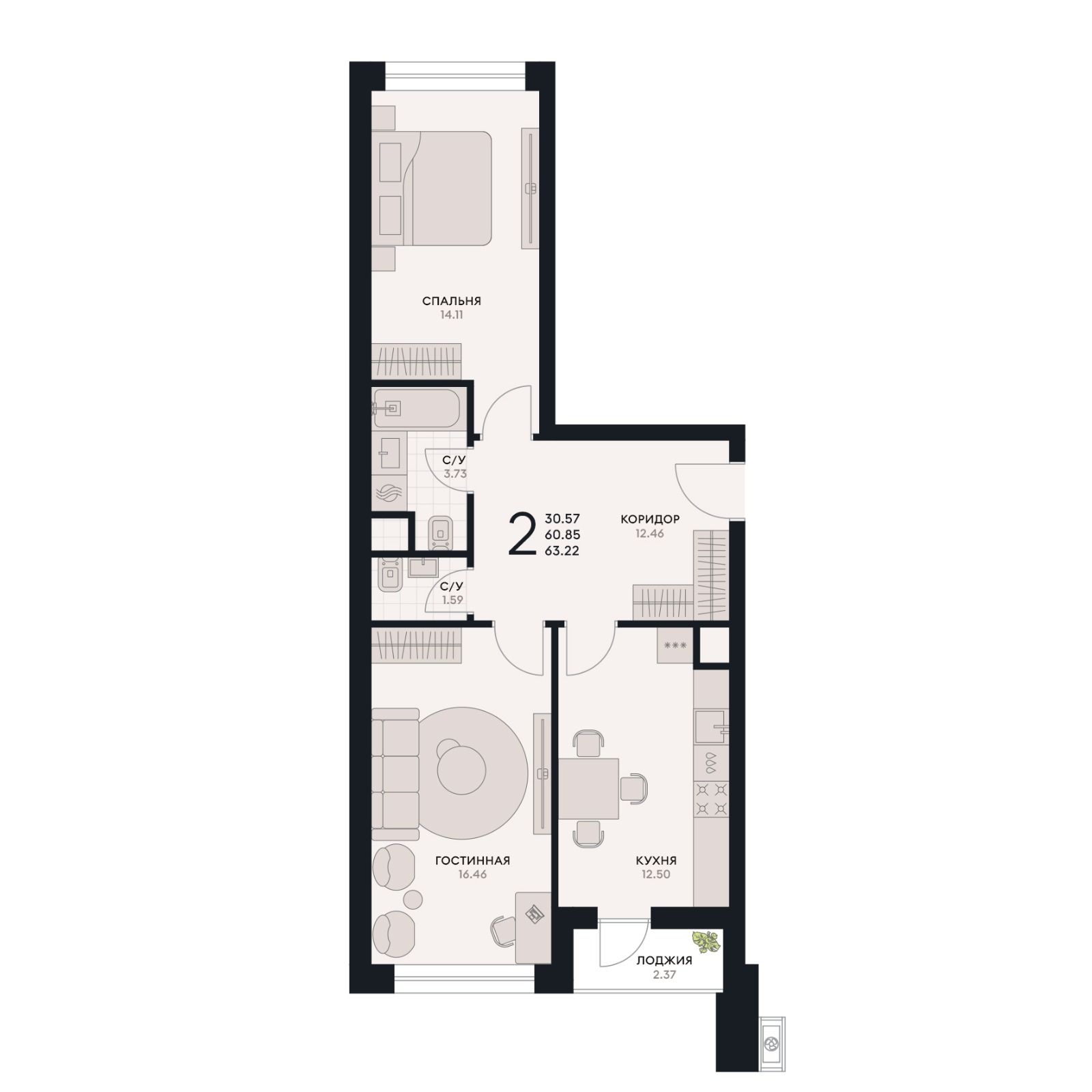 2 комнатная квартира, 63,22 кв.м.