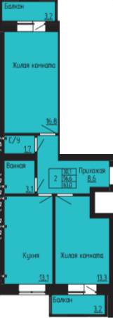 2 комнатная квартира 63 кв.м