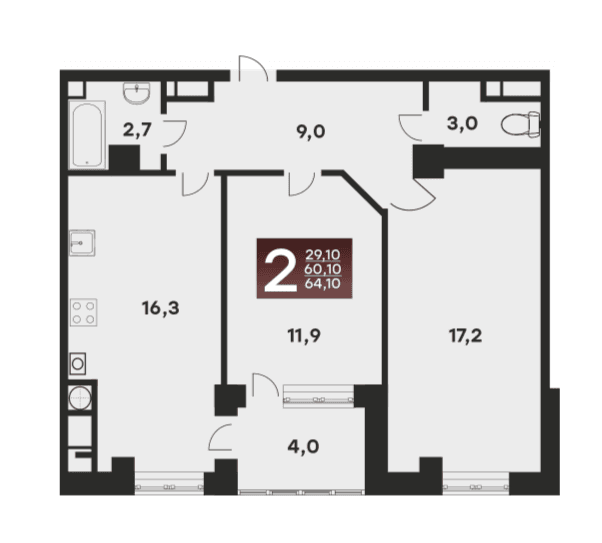2 комнатная квартира, 64,1 кв.м.