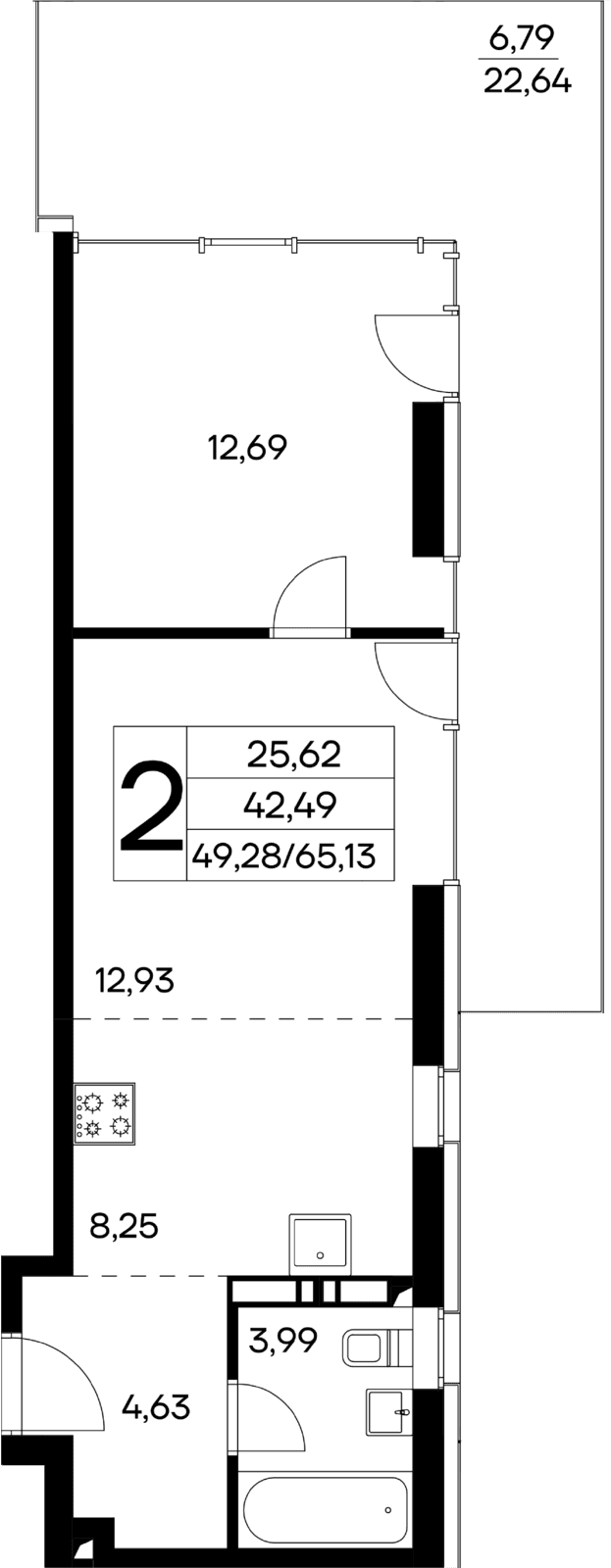 2 комнатная квартира,  65,13 кв.м