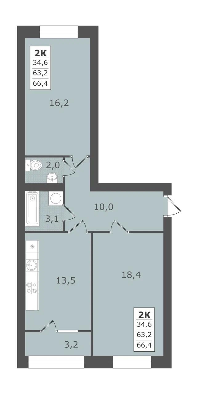2 комнатная квартира, 66,4 кв.м.