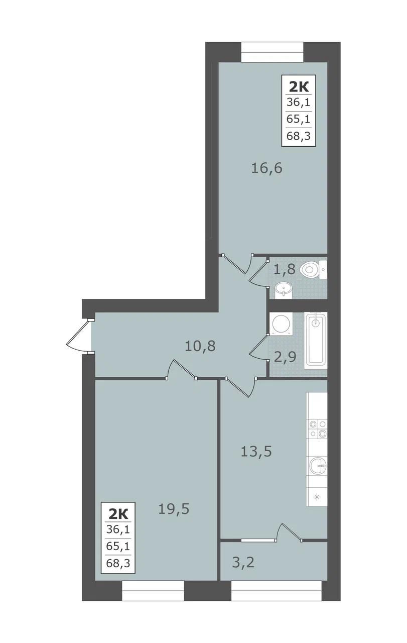 2 комнатная квартира, 68,3 кв.м.