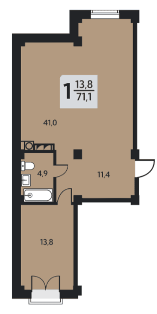 1 комнатная квартира, 71,1 кв.м.