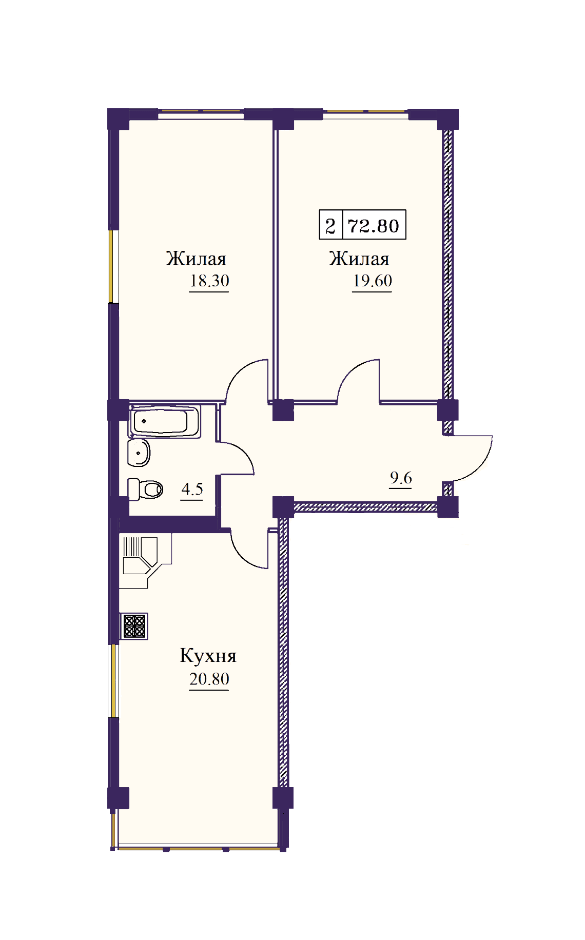 2 комнатная квартира 72,8 кв.м