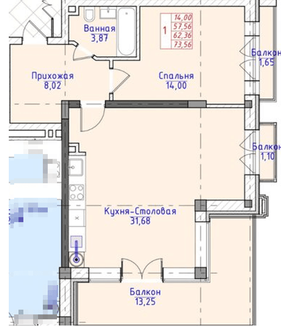 1 комнатная квартира 73,56 кв.м