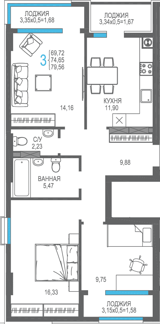 3 комнатная квартира, 74,65 кв.м