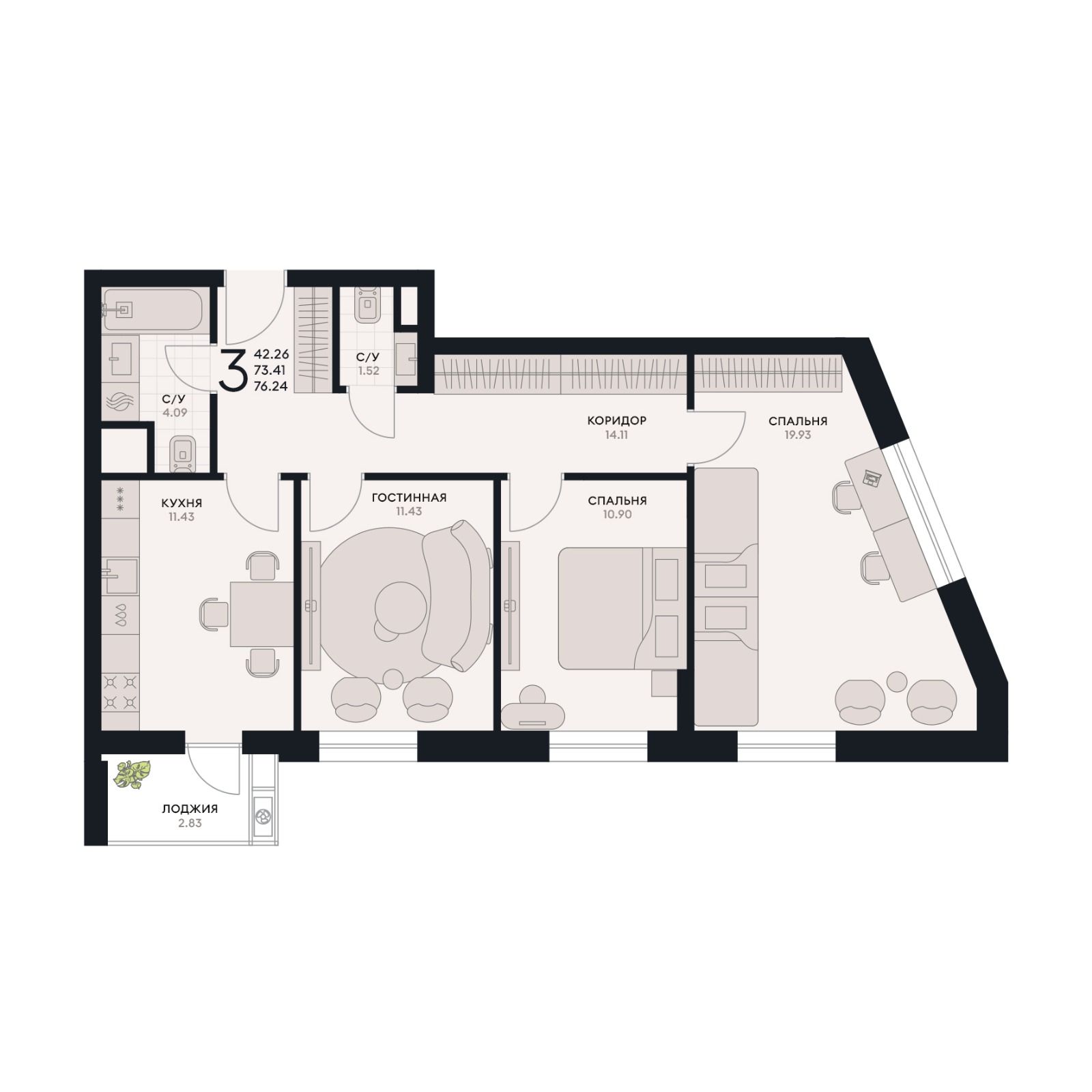 3 комнатная квартира, 76,24 кв.м.
